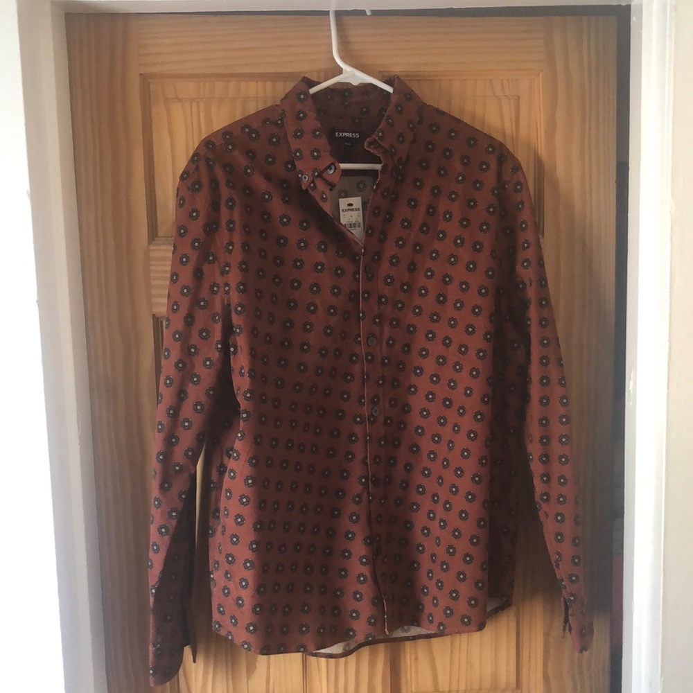 Express Brown Corduroy Casual Button Down Shirt with Geometric Pattern